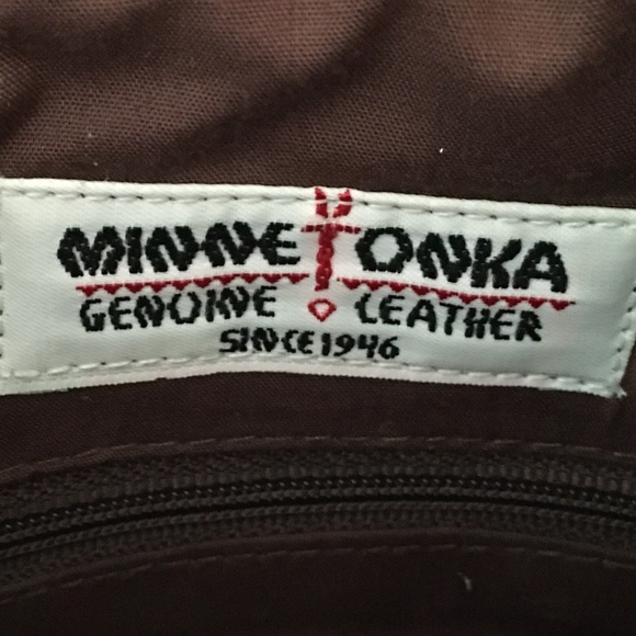 Minnetonka Camel Suede Fringe Mid-Size Crossbody Bag with Bronze Medallions - Picture 11 of 15